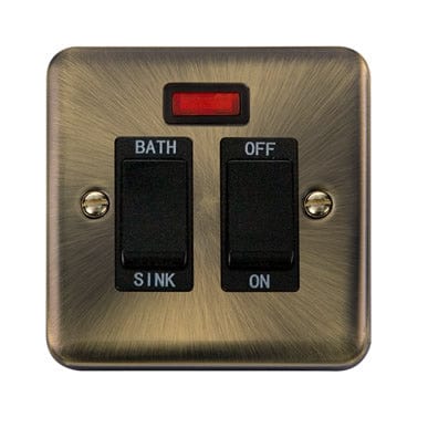 Curved Antique Brass 20A DP Sink/Bath Switch With Neon - Black Trim - SE Home
