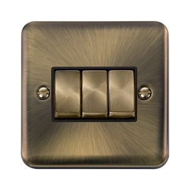 Curved Antique Brass Curved Antique Brass 10AX Ingot 3 Gang 2 Way Light Switch - Black Trim