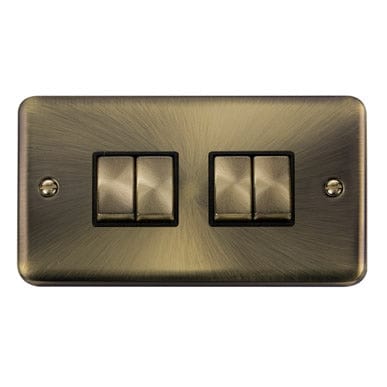 Curved Antique Brass Curved Antique Brass 10AX Ingot 4 Gang 2 Way Light Switch - Black Trim