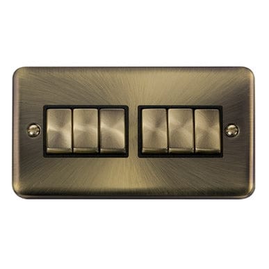 Curved Antique Brass Curved Antique Brass 10AX Ingot 6 Gang 2 Way Light Switch - Black Trim