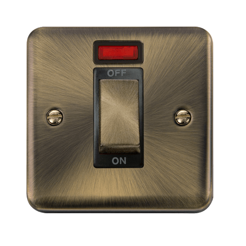 Curved Antique Brass 45A Ingot 1 Gang DP Switch With Neon - Black Trim - SE Home
