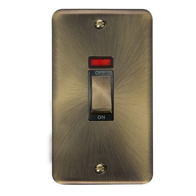 Curved Antique Brass 45A Ingot 2 Gang DP Switch With Neon - Black Trim - SE Home