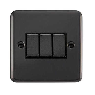 Curved Black Nickel 10AX Ingot 3 Gang 2 Way Light Switch - Black Trim