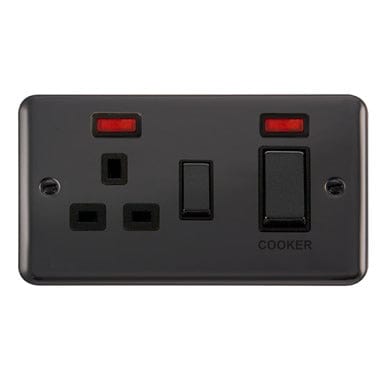 Curved Black Nickel 45A Ingot 2 Gang DP Switch With 13A DP Switched Plug Socket & Neons - Black Trim - SE Home