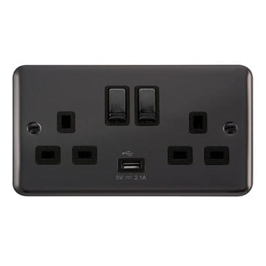 Curved Black Nickel 13A Ingot 2 Gang Switched Plug Sockets With 2.1A USB Outlet (Twin Earth) - Black Trim