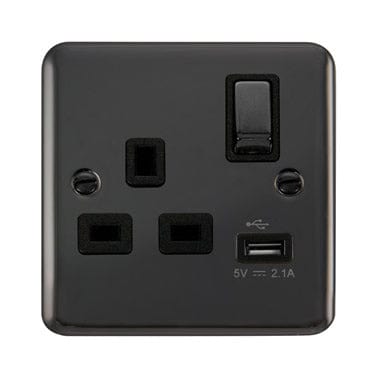 Curved Black Nickel 13A Ingot 1 Gang Switched Plug Socket With 2.1A USB Outlet - Black Trim
