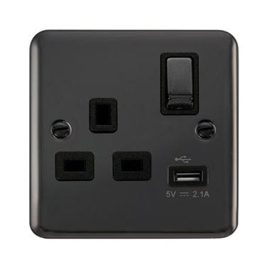 Curved Black Nickel 13A Ingot 1 Gang Switched Plug Socket With 2.1A USB Outlet - Black Trim - SE Home