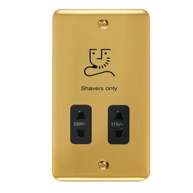Curved Polished Brass 115/230V Dual Voltage Shaver Socket - Black Trim - SE Home