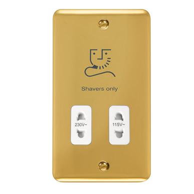 Curved Polished Brass 115/230V Dual Voltage Shaver Socket - White Trim