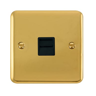 Curved Polished Brass Single Telephone Outlet - Secondary - Black Trim