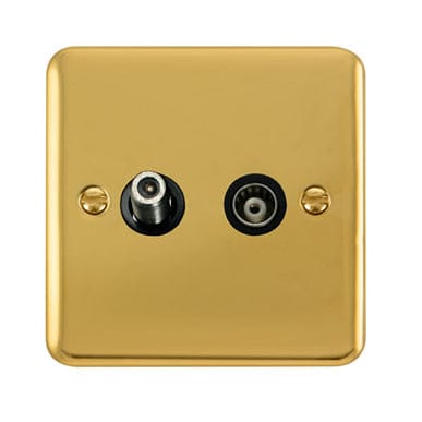 Curved Polished Brass Isolated Satellite & Isolated Coaxial Outlet - Black Trim
