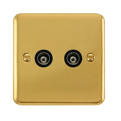 Curved Polished Brass Twin Isolated Coaxial Outlet - Black Trim
