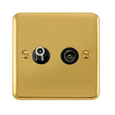 Curved Polished Brass Non-Isolated Satellite & Non-Isolated Coaxial Outlet - Black Trim