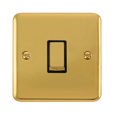 Curved Polished Brass 10AX Ingot 1 Gang 2 Way Light Switch - Black Trim