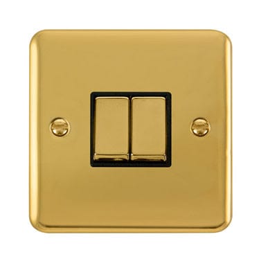 Curved Polished Brass 10AX Ingot 2 Gang 2 Way Light Switch - Black Trim