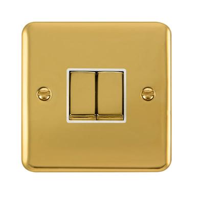 Curved Polished Brass 10AX Ingot 2 Gang 2 Way Light Switch - White Trim