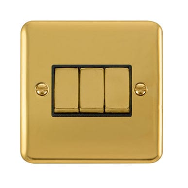 Curved Polished Brass 10AX Ingot 3 Gang 2 Way Light witch - Black Trim - SE Home