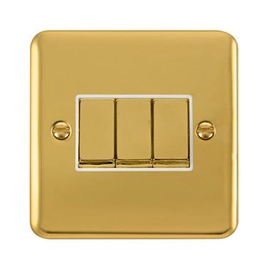 Curved Polished Brass 10AX Ingot 3 Gang 2 Way Light Switch - White Trim