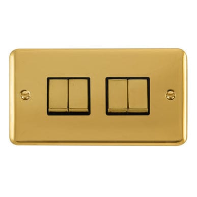 Curved Polished Brass 10AX Ingot 4 Gang 2 Way Light Switch - Black Trim - SE Home