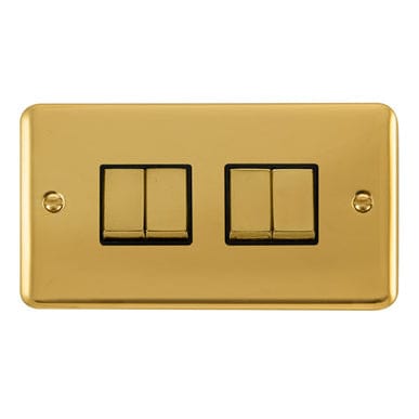 Curved Polished Brass 10AX Ingot 4 Gang 2 Way Light Switch - Black Trim