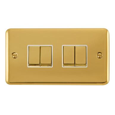 Curved Polished Brass 10AX Ingot 4 Gang 2 Way Light Switch - White Trim