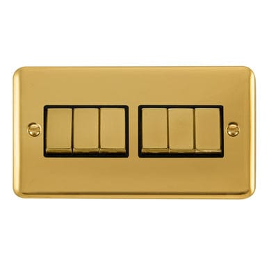 Curved Polished Brass 10AX Ingot 6 Gang 2 Way Light Switch - Black Trim - SE Home