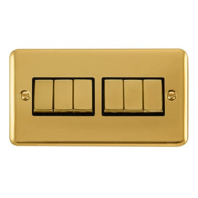 Curved Polished Brass 10AX Ingot 6 Gang 2 Way Light Switch - Black Trim