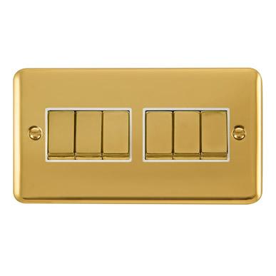 Curved Polished Brass 10AX Ingot 6 Gang 2 Way Light Switch - White Trim - SE Home