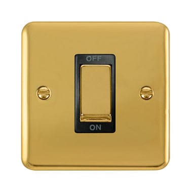 Curved Polished Brass 45A Ingot 1 Gang DP Switch - Black Trim - SE Home
