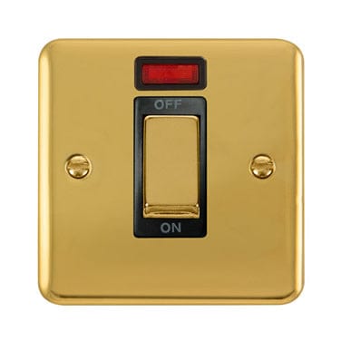 Curved Polished Brass 45A Ingot 1 Gang DP Switch With Neon - Black Trim
