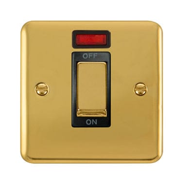 Curved Polished Brass 45A Ingot 1 Gang DP Switch With Neon - Black Trim - SE Home