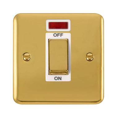 Curved Polished Brass 45A Ingot 1 Gang DP Switch With Neon - White Trim - SE Home
