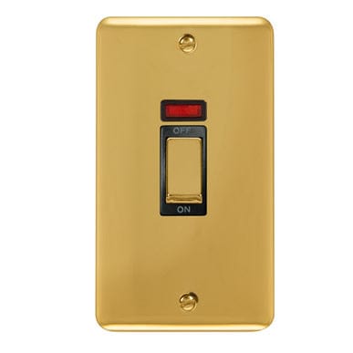 Curved Polished Brass 45A Ingot 2 Gang DP Switch With Neon - Black Trim