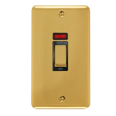 Curved Polished Brass 45A Ingot 2 Gang DP Switch With Neon - Black Trim - SE Home