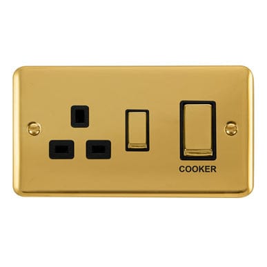 Curved Polished Brass 45A Ingot 2 Gang DP Switch With 13A DP Switched Socket - Black Trim - SE Home