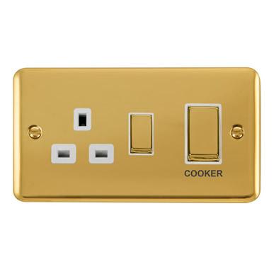 Curved Polished Brass 45A Ingot 2 Gang DP Switch With 13A DP Switched Socket - White Trim