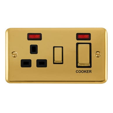 Curved Polished Brass 45A Ingot 2 Gang DP Switch With 13A DP Switched Socket & Neons - Black Trim