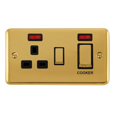 Curved Polished Brass 45A Ingot 2 Gang DP Switch With 13A DP Switched Socket & Neons - Black Trim - SE Home