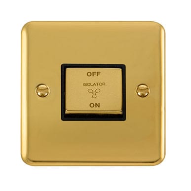 Curved Polished Brass 10A Ingot 3 Pole Fan Isolation Plate Switch - Black Trim - SE Home