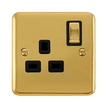 Curved Polished Brass 13A Ingot 1 Gang DP Switched Socket - Black Trim - SE Home