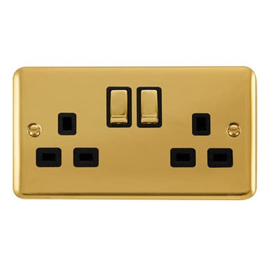 Curved Polished Brass 13A Ingot 2 Gang DP Switched Socket - Black Trim - SE Home