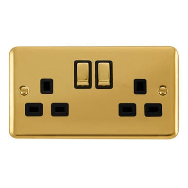 Curved Polished Brass 13A Ingot 2 Gang DP Switched Socket - Black Trim