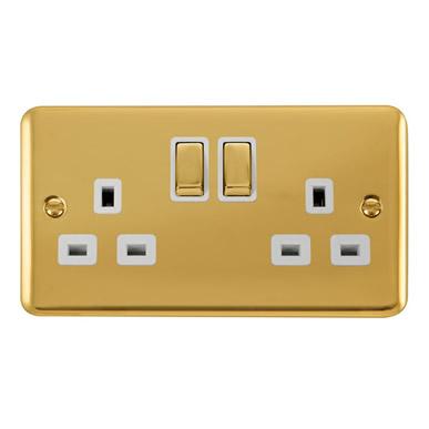 Curved Polished Brass 13A Ingot 2 Gang DP Switched Socket - White Trim - SE Home