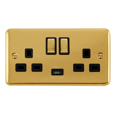 Curved Polished Brass 13A Ingot 2 Gang Switched Sockets With 2.1A USB Outlet (Twin Earth) - Black Trim