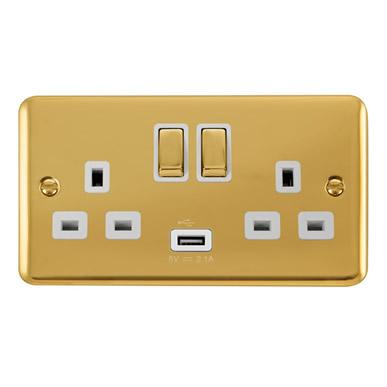 Curved Polished Brass 13A Ingot 2 Gang Switched Sockets With 2.1A USB Outlet (Twin Earth) - White Trim