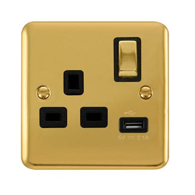 Curved Polished Brass 13A Ingot 1 Gang Switched Socket With 2.1A USB Outlet - Black Trim