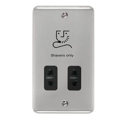 Curved Polished Chrome 115/230V Dual Voltage Shaver Socket - Black Trim - SE Home