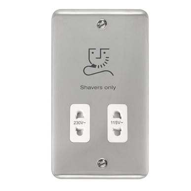 Curved Polished Chrome 115/230V Dual Voltage Shaver Socket - White Trim - SE Home