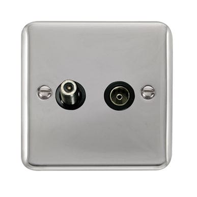 Curved Polished Chrome Non-Isolated Satellite & Non-Isolated Coaxial Outlet - Black Trim - SE Home