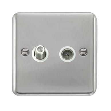 Curved Polished Chrome Non-Isolated Satellite & Non-Isolated Coaxial Outlet - White Trim